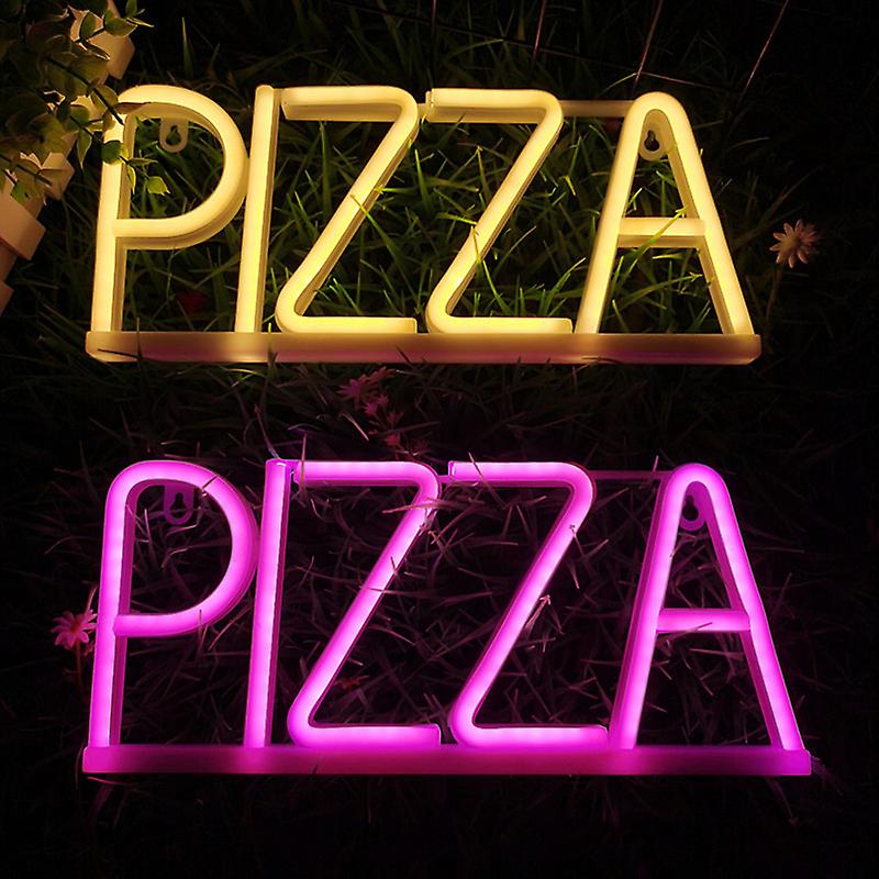 Publicidad de neón LED PIZZA en la pared.