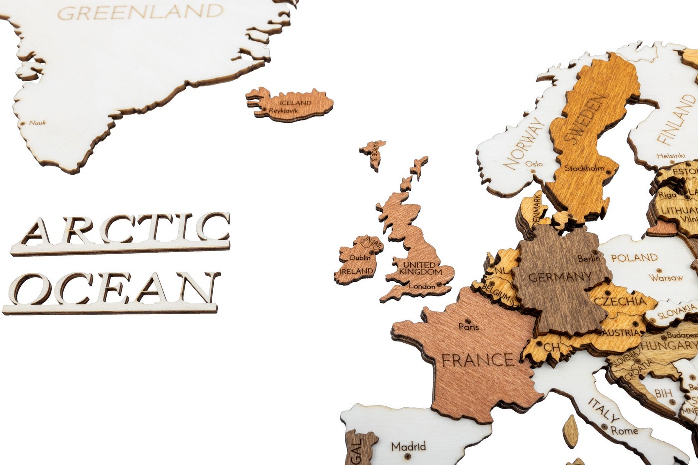 Nombres de los océanos en el mundo de madera grabado en 3D y 4D