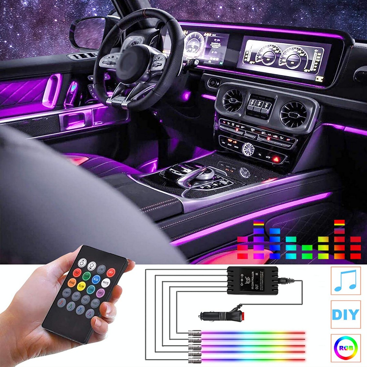  Mega Racer Luces interiores de coche RGB – Tira de luces LED  para coche, 48 ledes de 8 colores, 4 efectos de sincronización de música  con mando a distancia IR impermeable