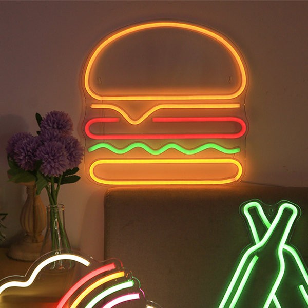 letrero de neón brillante en la pared - hamburguesa