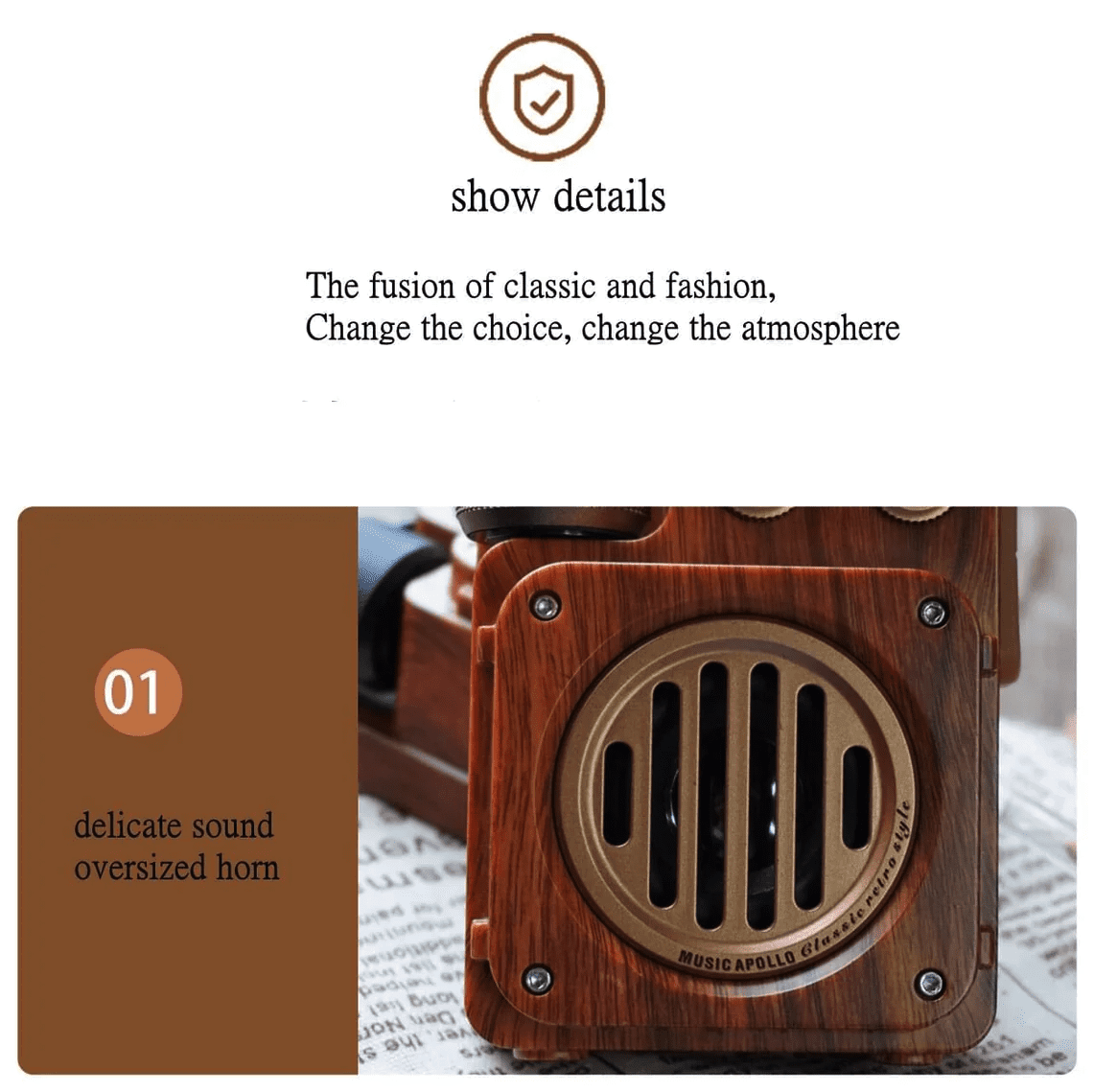 Radio hecha de madera con diseño de receptor retro vintage.