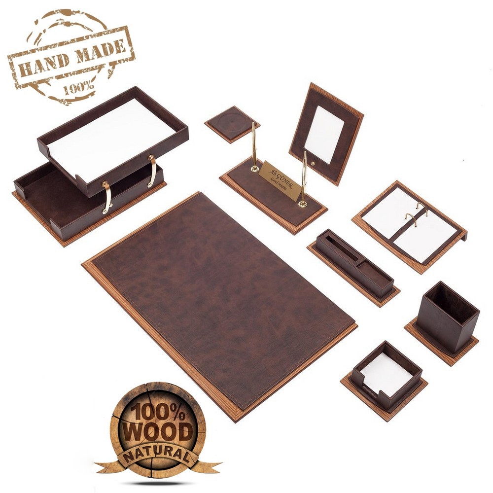 Accesorios de escritorio de cuero - juego de oficina de lujo SET 14 piezas  (cuero negro)