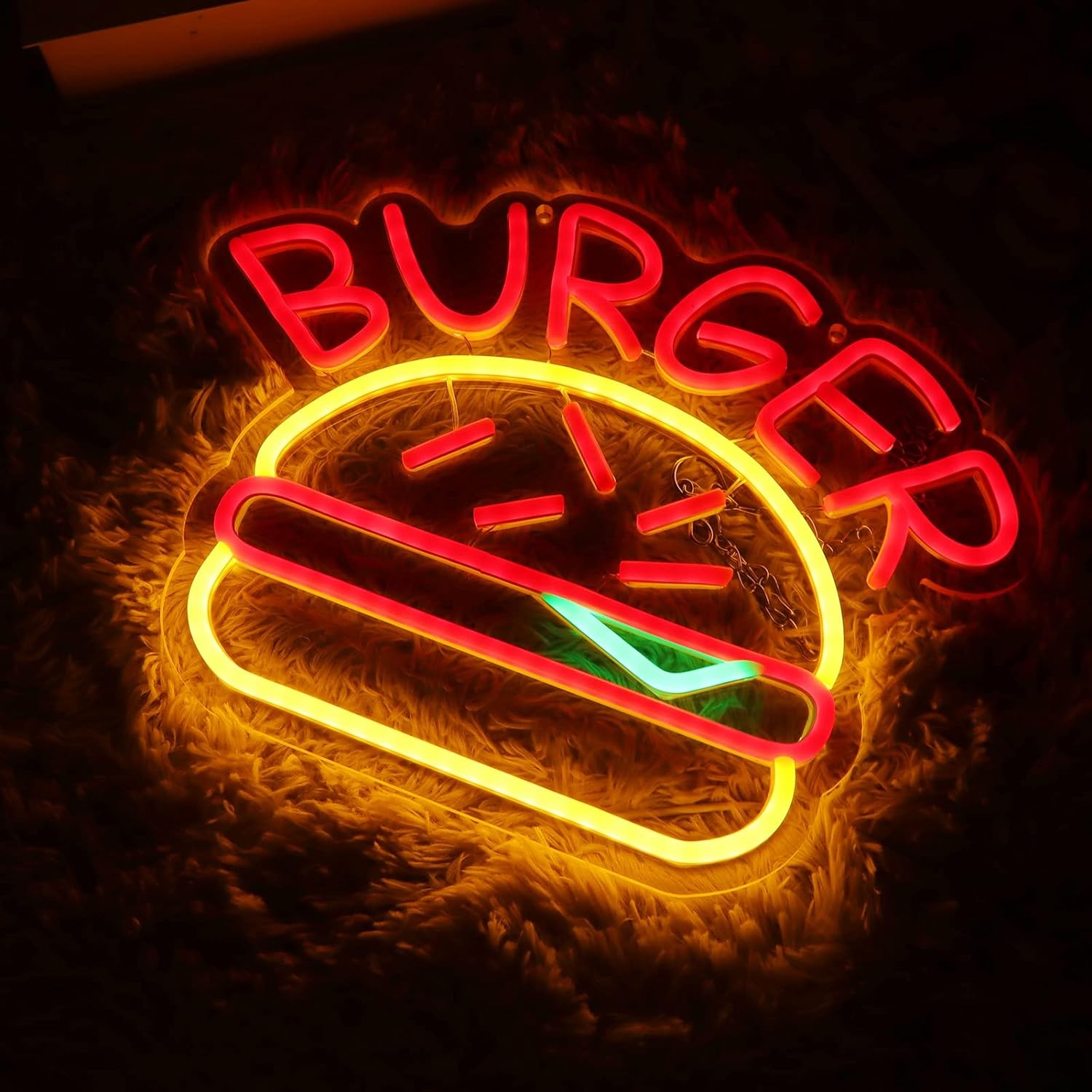 Publicidad de hamburguesas, letrero de neón LED brillante iluminado